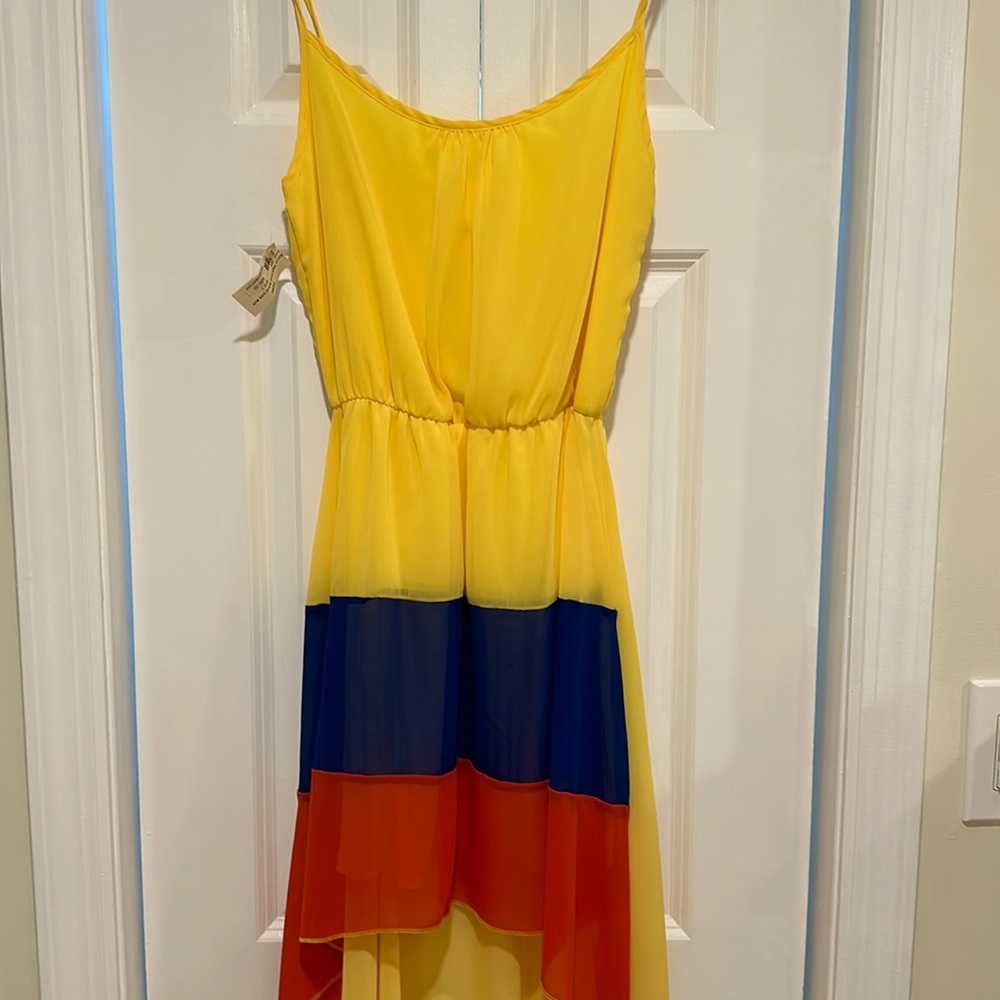 Yellow dress with blue and red stripe